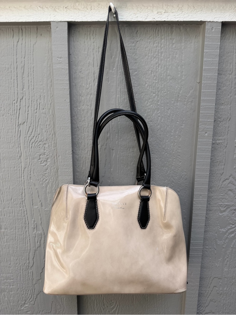 Iacucci Cream Patent Leather Tote Bag with Black Handles